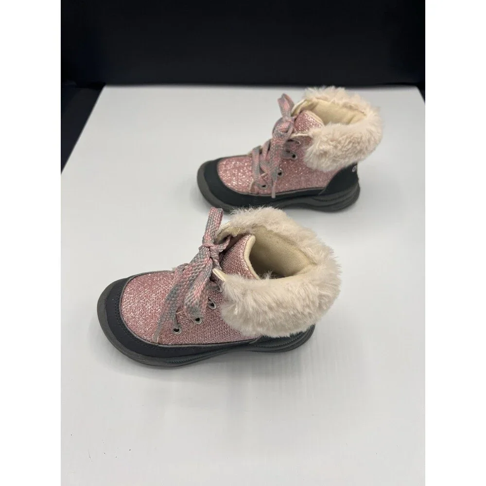 OshKosh B'gosh Girls Pink Faux Fur Trim Glitter Lace-Up Ankle Boots 7M EU 23 💕
